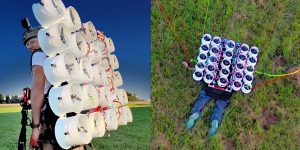 Onlinedronekopen 12 YouTuber bouwt elektrisch aangedreven vliegmachine met 50 dronemotoren en ducttape